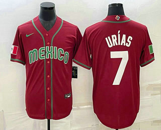 Mens Mexico Baseball #7 Julio Urias 2023 Red Blue World Baseball Classic Stitched Jersey1